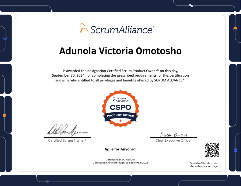 Certified Scrum Product Owner certificate — Adunola Victoria Omotosho