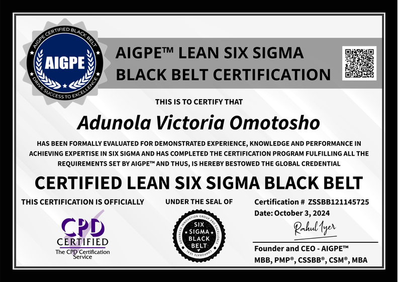 AIGPE Lean Six Sigma Black Belt certificate — Adunola Victoria Omotosho